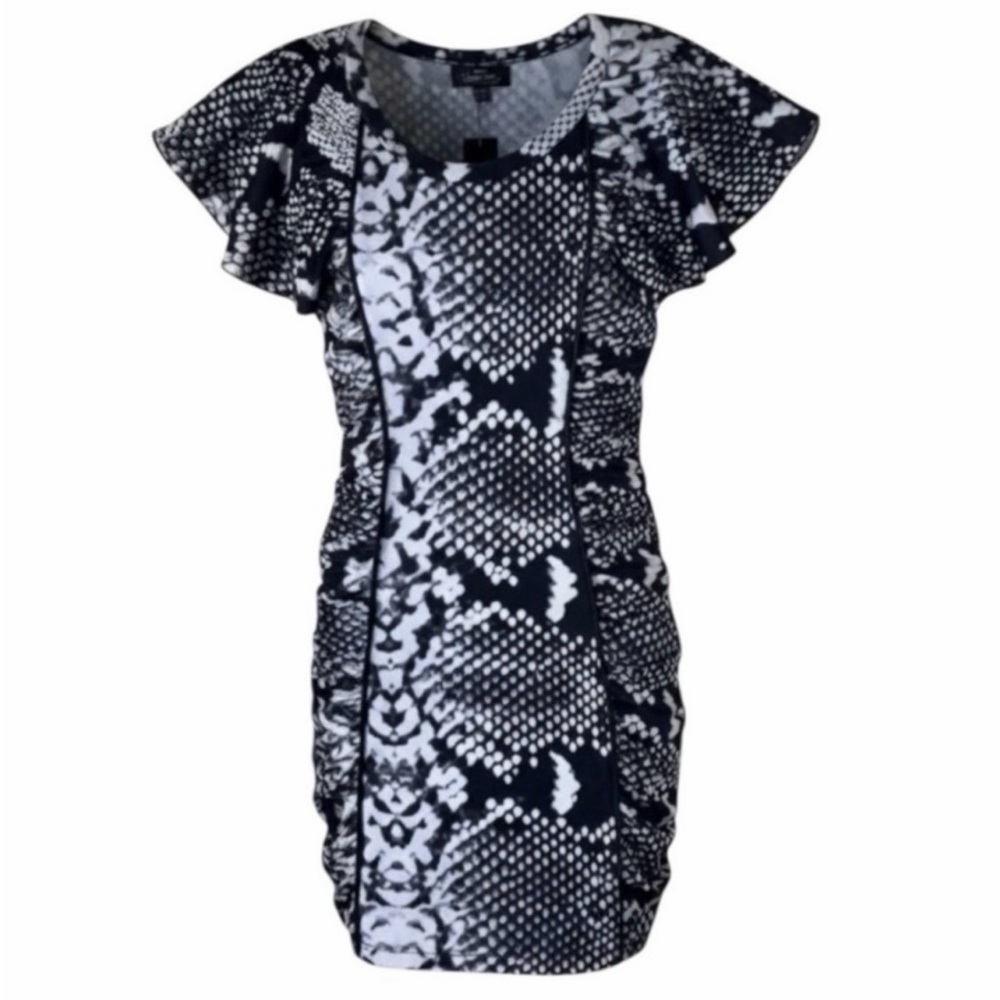 Bebe Black and White Snakeskin Print Short Flutter Sleeve Dress Size Small